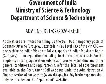 Department of Science & Technology Recruitment 2026: Apply for Scientific Attaché Group 'A' Posts in Tokyo and Berlin