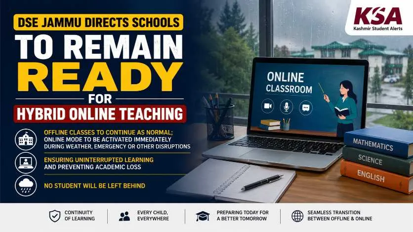 DSE Jammu Directs Schools to Stay Ready for Hybrid Online Teaching During Temporary Closures; Offline Classes to Continue Normally