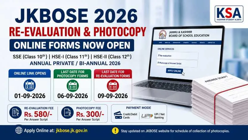 JKBOSE Re-Evaluation 2026: Online Forms Open for Class 10th, 11th & 12th; Check Dates and Fees